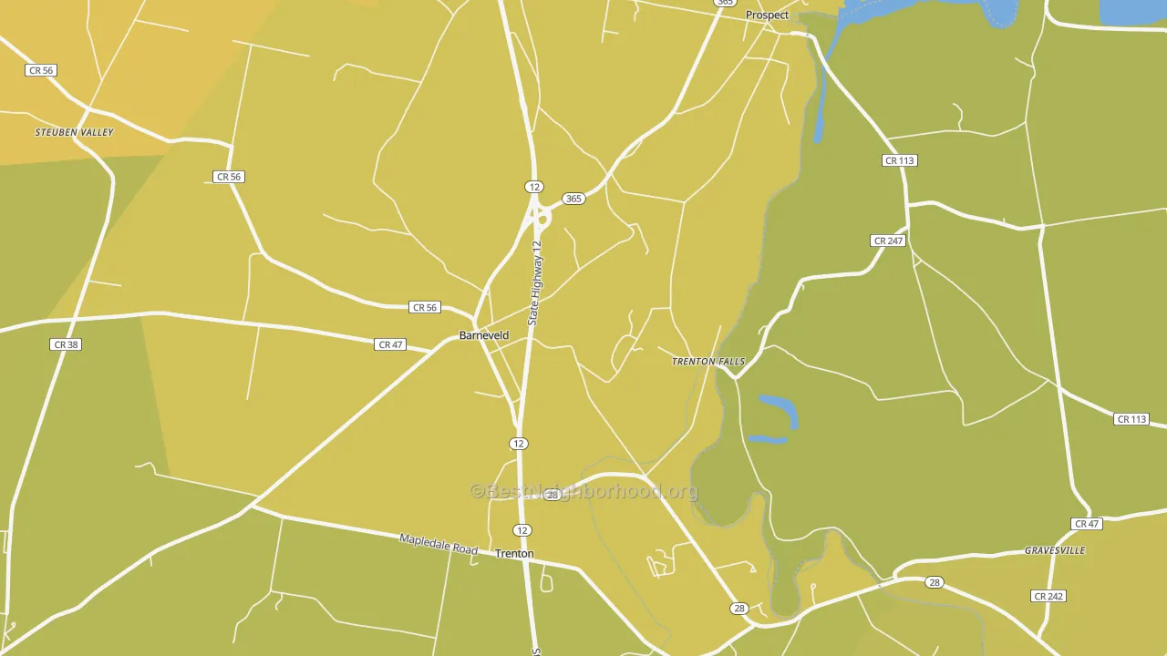 Map of the best neighborhoods in the Trenton Falls area, with better matches in green and worse matches in red