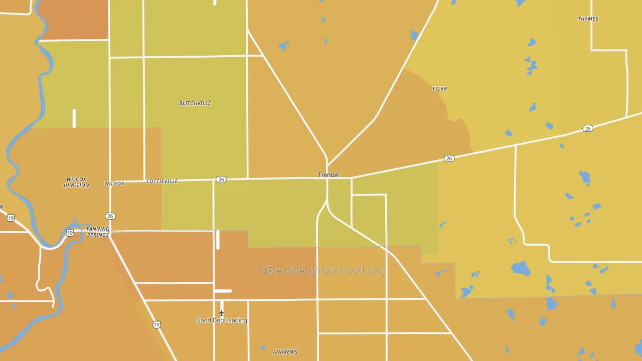 Map of the best neighborhoods in the Trenton area, with better matches in green and worse matches in red