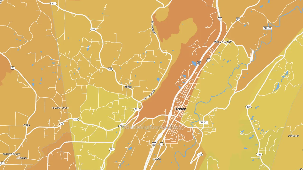 Map of the best neighborhoods in the Trenton area, with better matches in green and worse matches in red