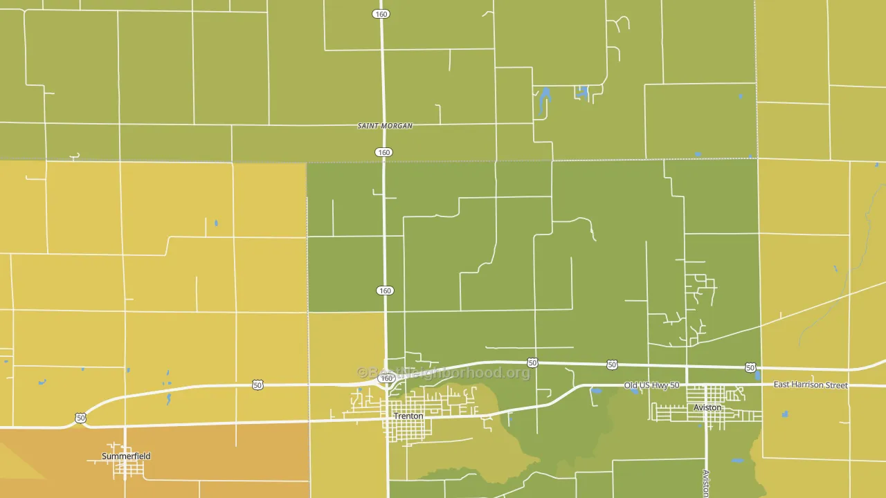 Map of the best neighborhoods in the Trenton area, with better matches in green and worse matches in red