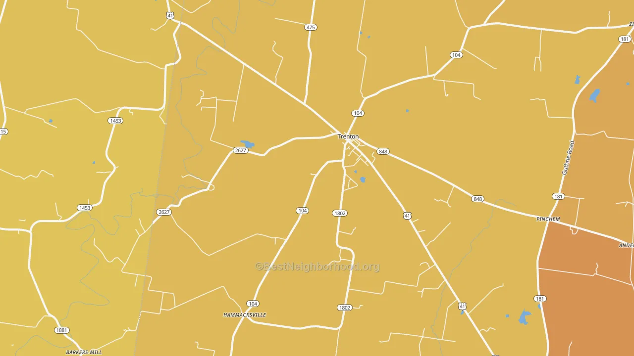 Map of the best neighborhoods in the Trenton area, with better matches in green and worse matches in red