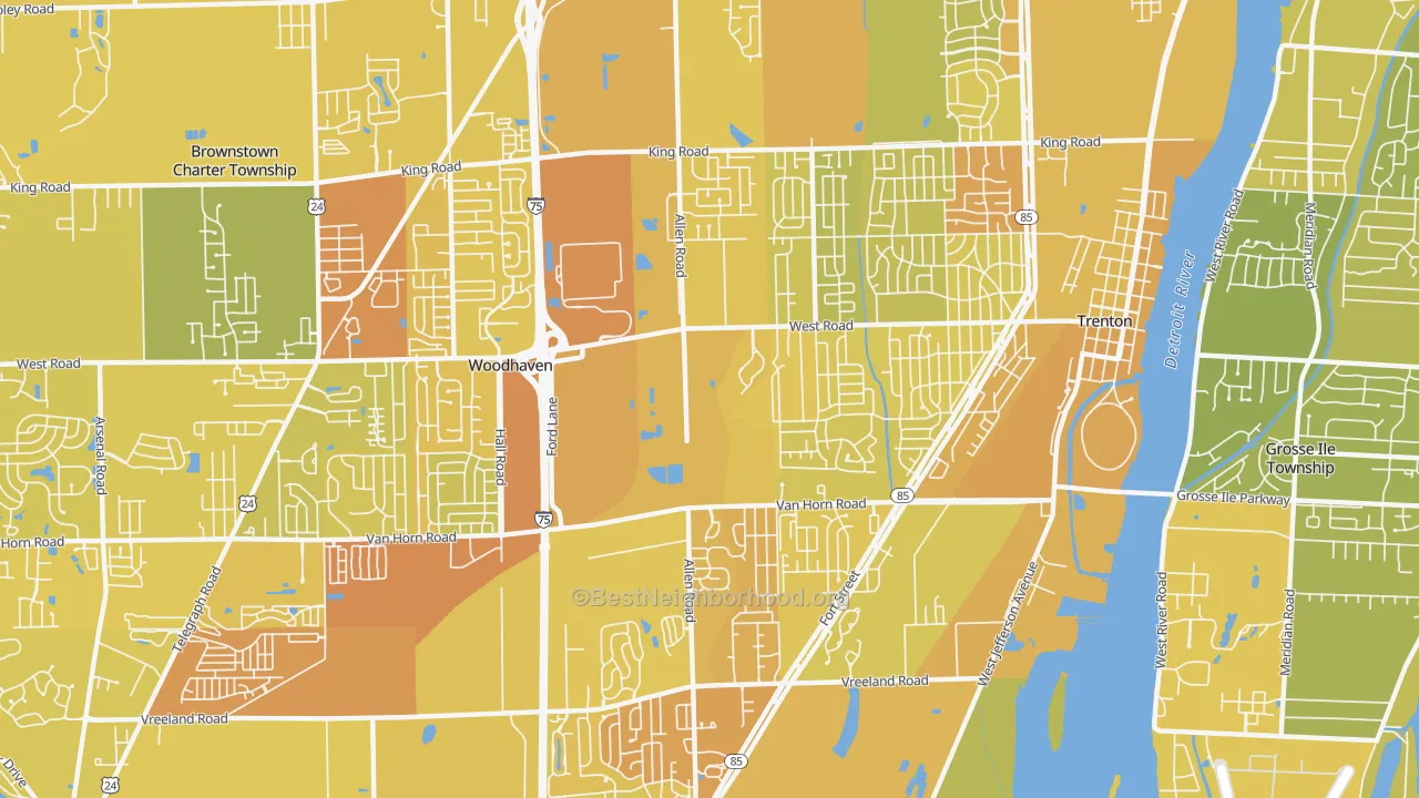 Map of the best neighborhoods in the Trenton area, with better matches in green and worse matches in red