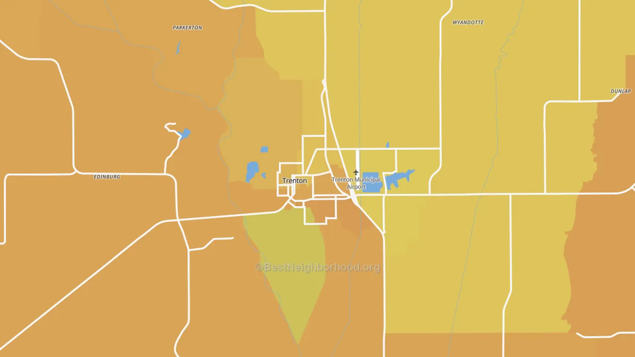 Map of the best neighborhoods in the Trenton area, with better matches in green and worse matches in red