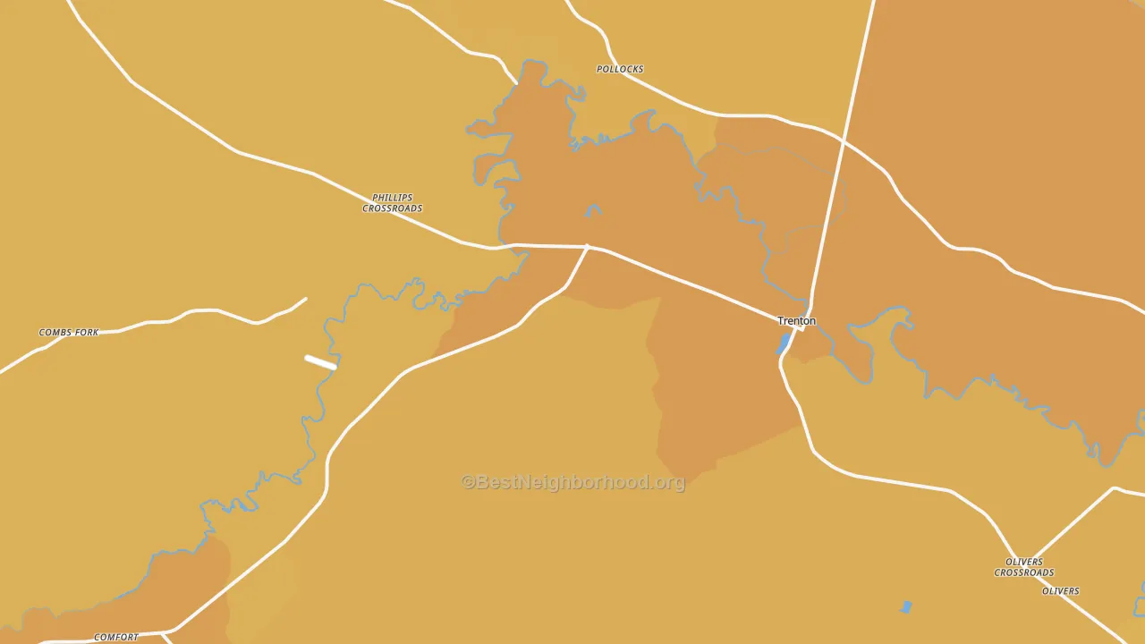 Map of the best neighborhoods in the Trenton area, with better matches in green and worse matches in red