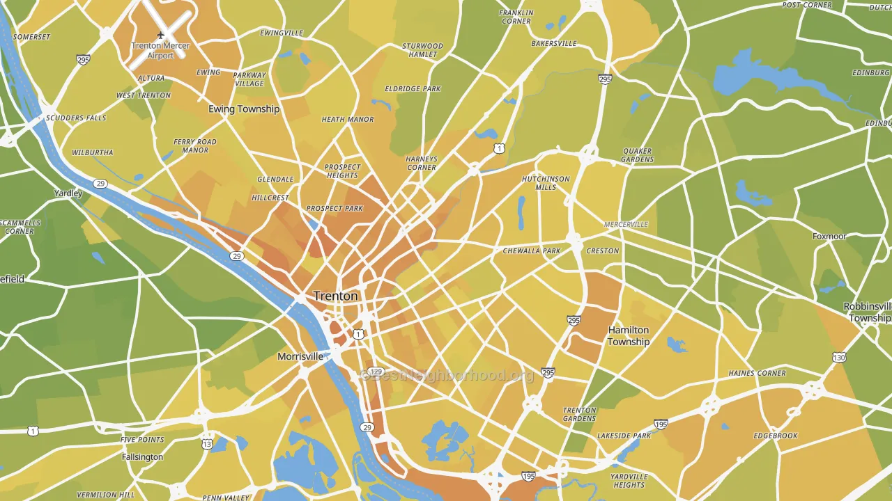 Map of the best neighborhoods in the Trenton Metro area, with better matches in green and worse matches in red