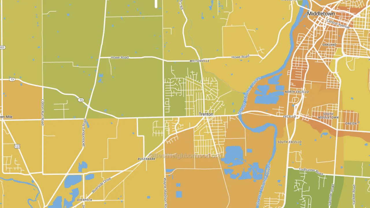 Map of the best neighborhoods in the Trenton area, with better matches in green and worse matches in red