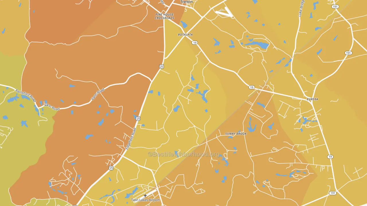 Map of the best neighborhoods in the Trenton area, with better matches in green and worse matches in red
