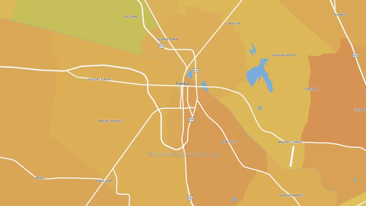 Map of the best neighborhoods in the Trenton area, with better matches in green and worse matches in red