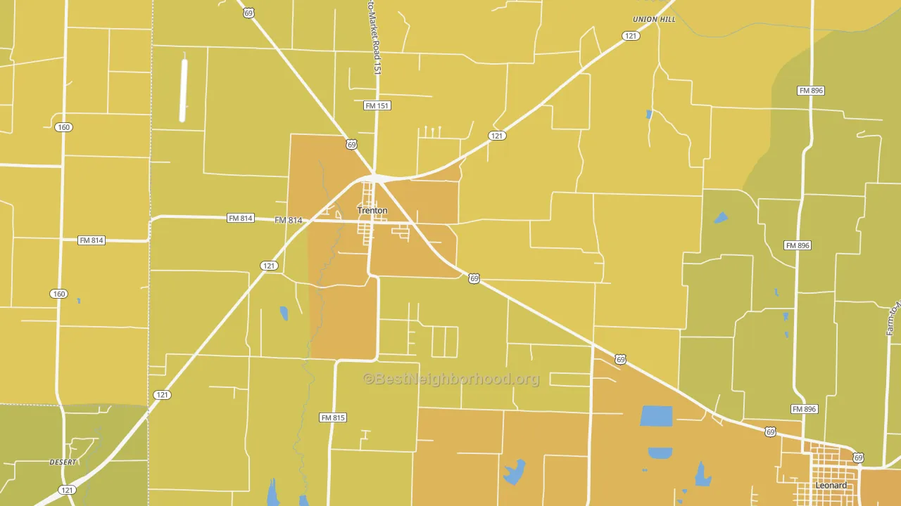 Map of the best neighborhoods in the Trenton area, with better matches in green and worse matches in red