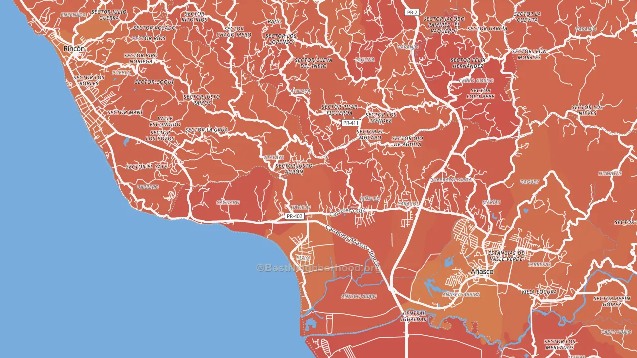 Map of the best neighborhoods in the Tres Hermanos area, with better matches in green and worse matches in red