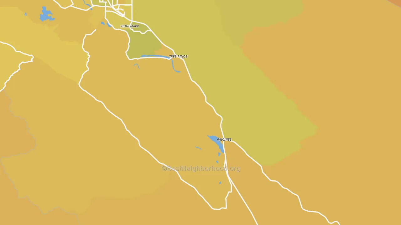 Map of the best neighborhoods in the Tres Pinos area, with better matches in green and worse matches in red