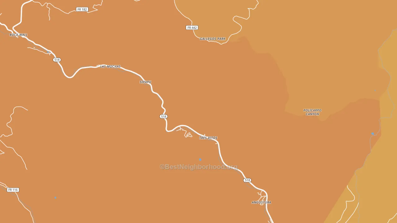 Map of the best neighborhoods in the Tres Ritos area, with better matches in green and worse matches in red