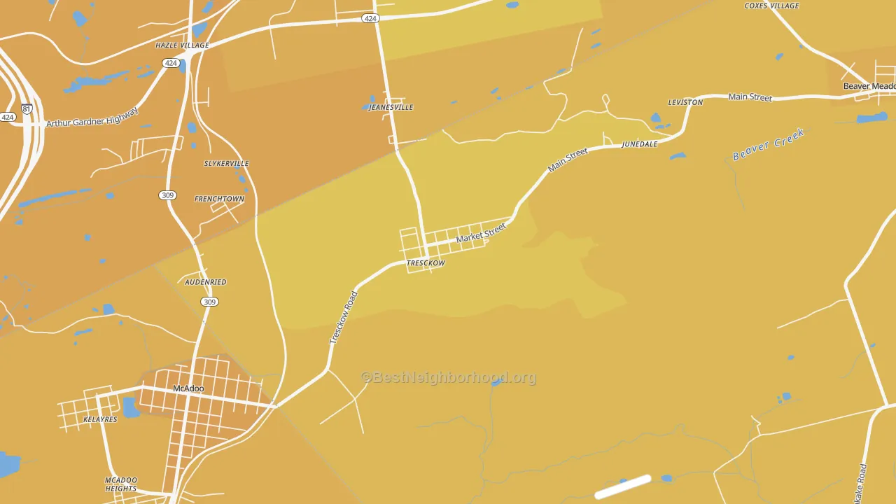 Map of the best neighborhoods in the Tresckow area, with better matches in green and worse matches in red