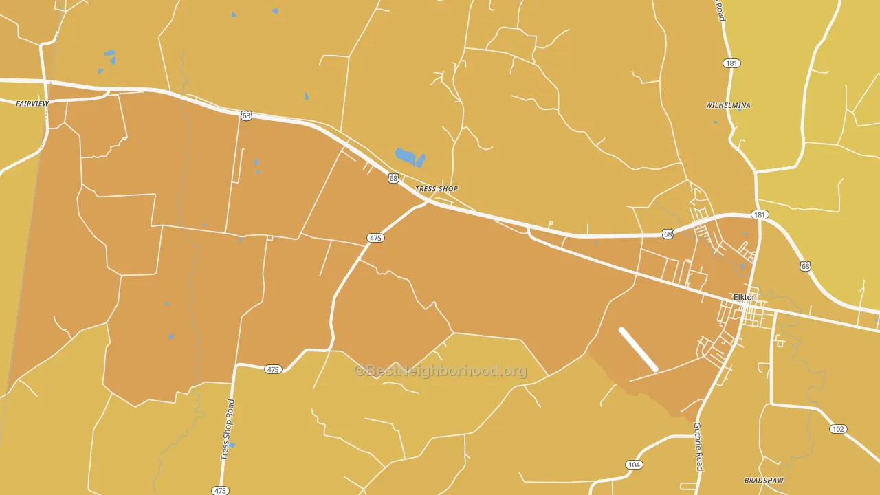 Map of the best neighborhoods in the Tress Shop area, with better matches in green and worse matches in red