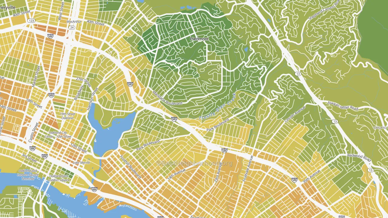 Map of the best neighborhoods in the Trestle Glen, Oakland area, with better matches in green and worse matches in red