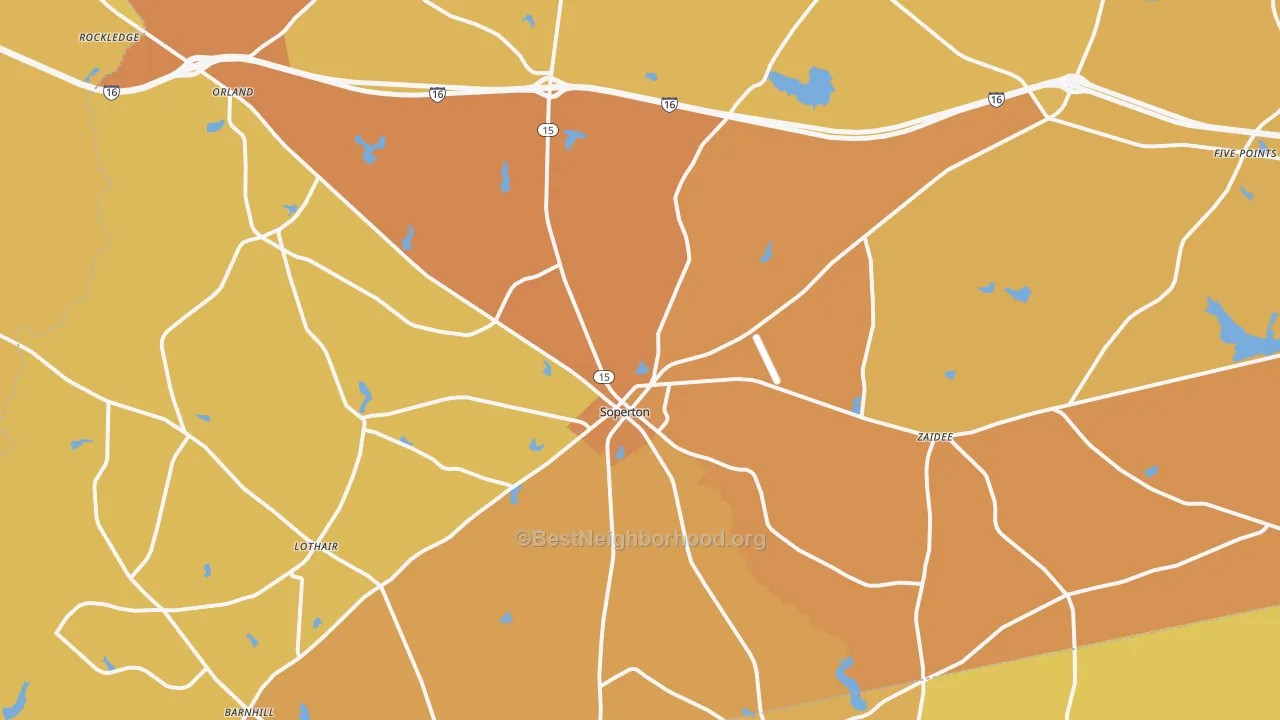 Map of the best neighborhoods in the Treutlen County area, with better matches in green and worse matches in red