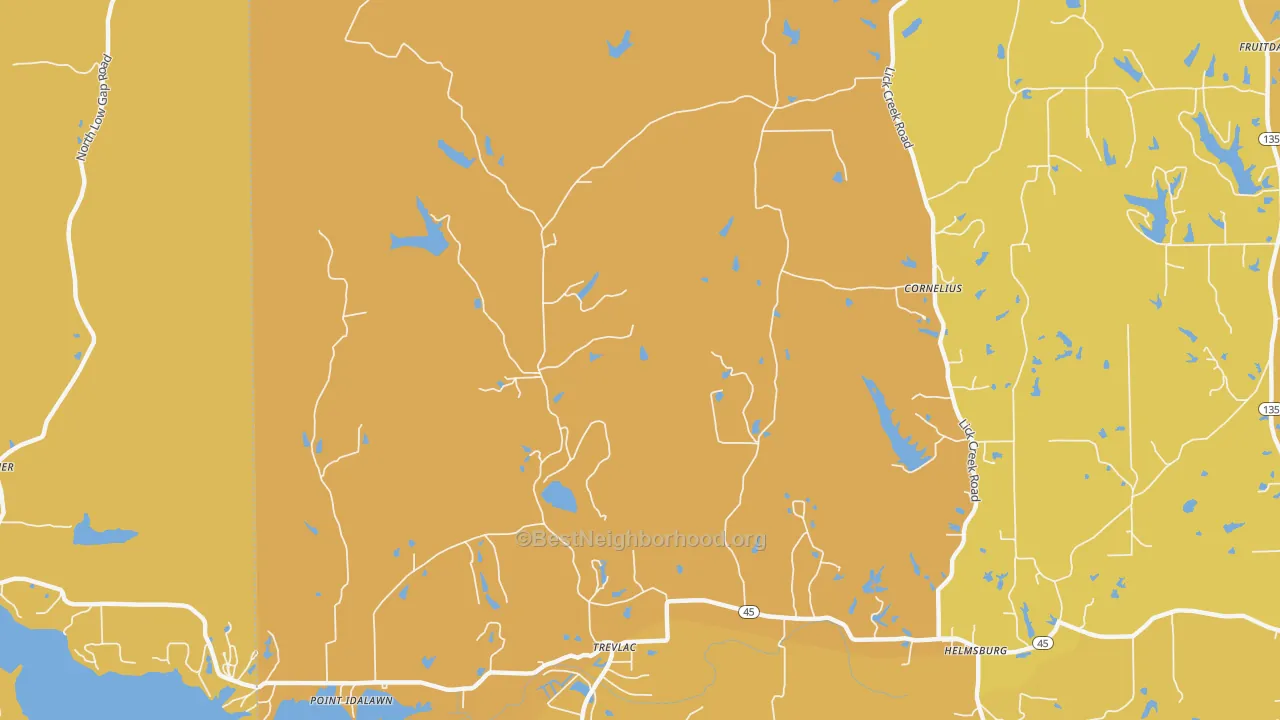 Map of the best neighborhoods in the Trevlac area, with better matches in green and worse matches in red