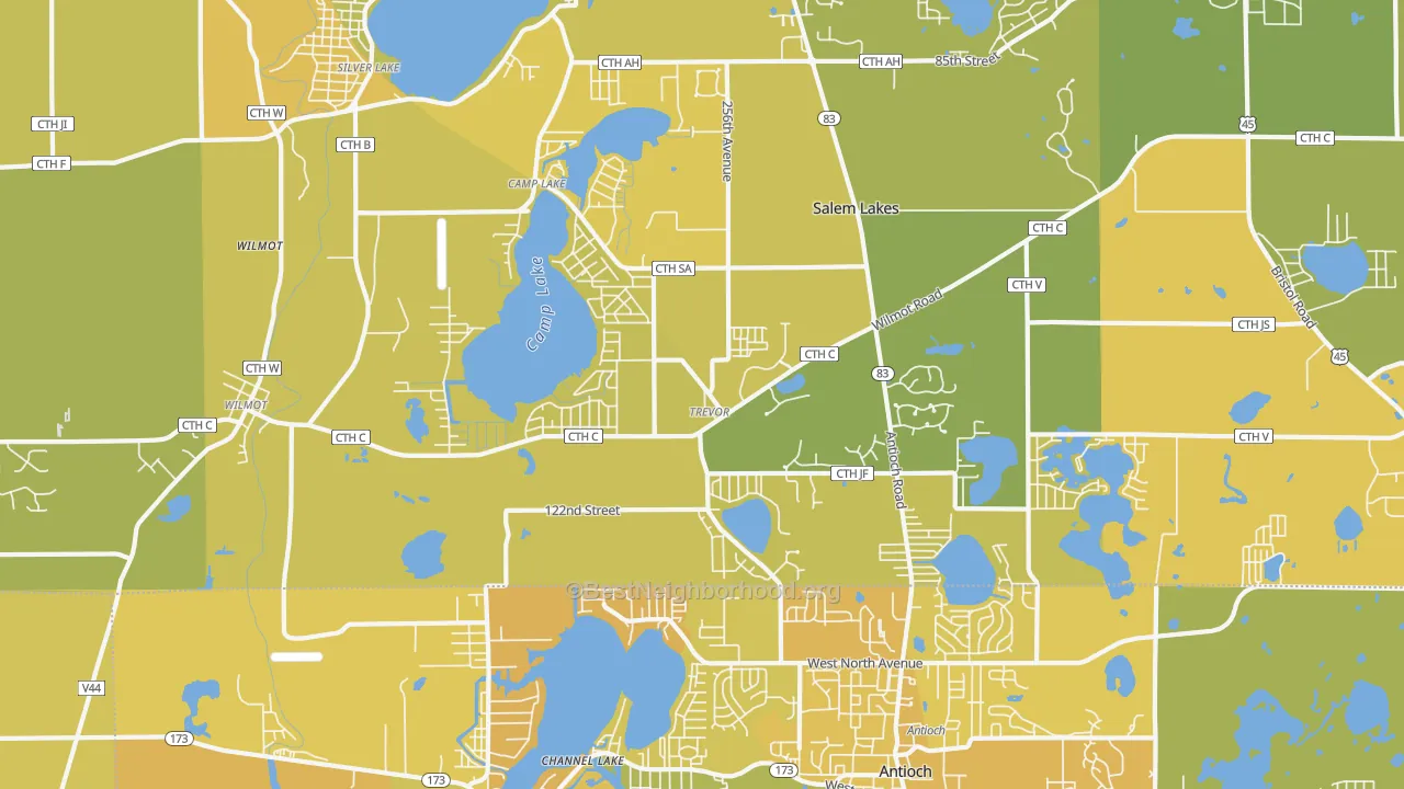 Map of the best neighborhoods in the Trevor area, with better matches in green and worse matches in red