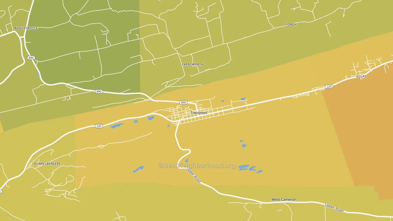 Map of the best neighborhoods in the Trevorton area, with better matches in green and worse matches in red