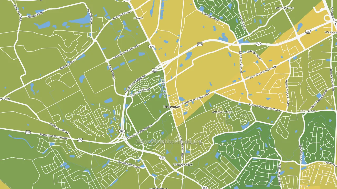 Map of the best neighborhoods in the Trexlertown area, with better matches in green and worse matches in red