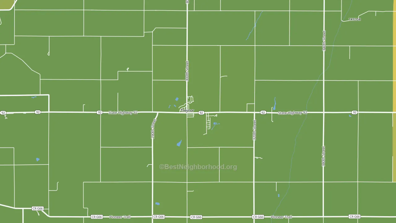 Map of the best neighborhoods in the Treynor area, with better matches in green and worse matches in red