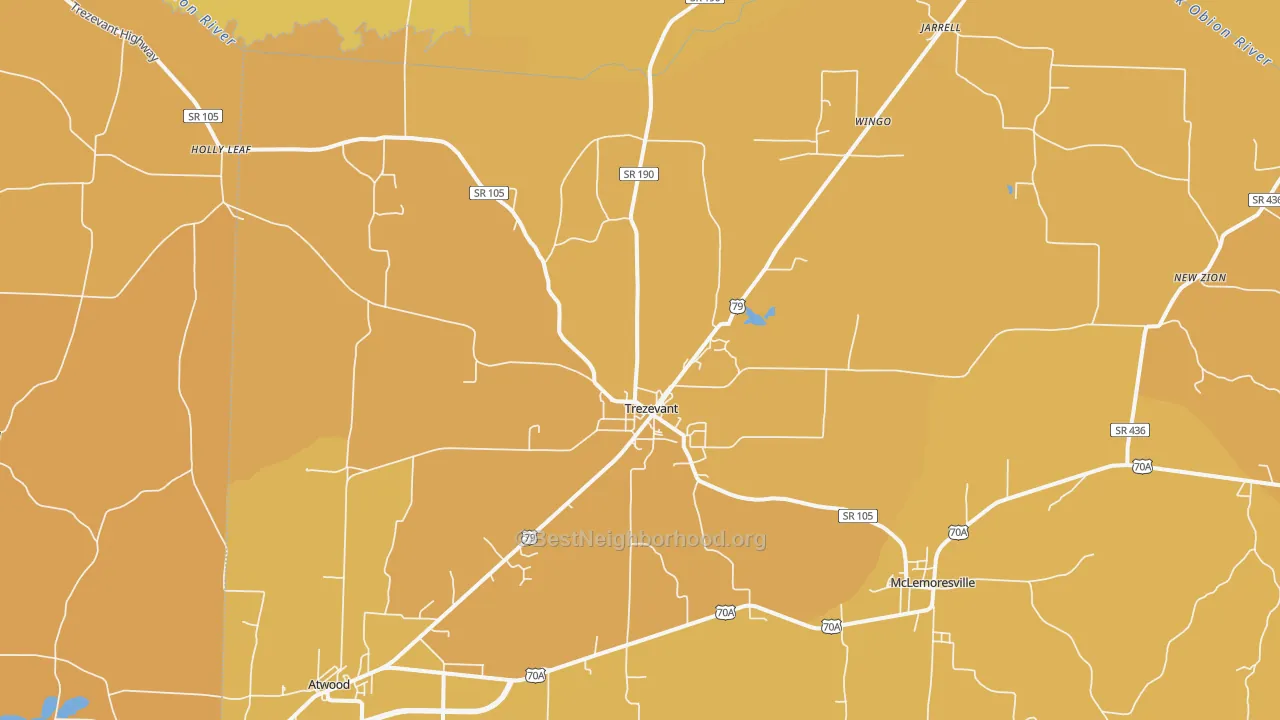 Map of the best neighborhoods in the Trezevant area, with better matches in green and worse matches in red