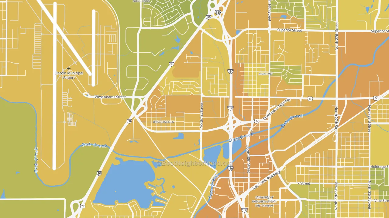 Map of the best neighborhoods in the Tri-Court, Lincoln area, with better matches in green and worse matches in red