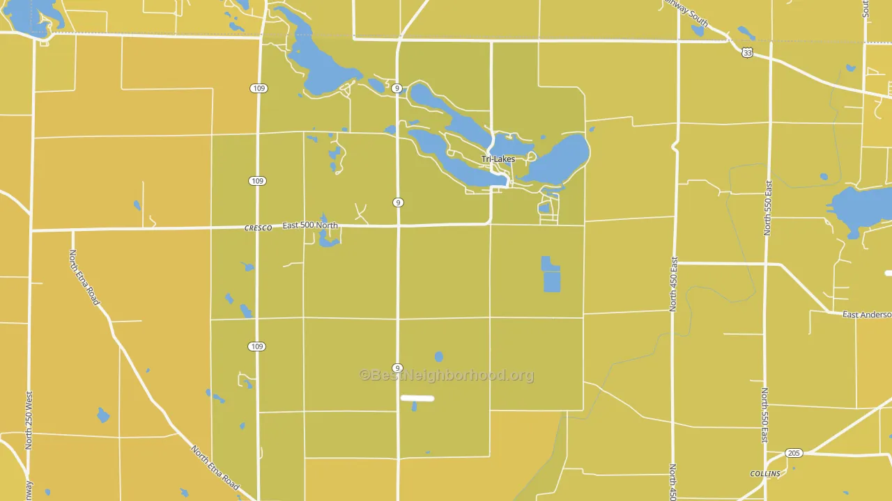 Map of the best neighborhoods in the Tri-Lakes area, with better matches in green and worse matches in red