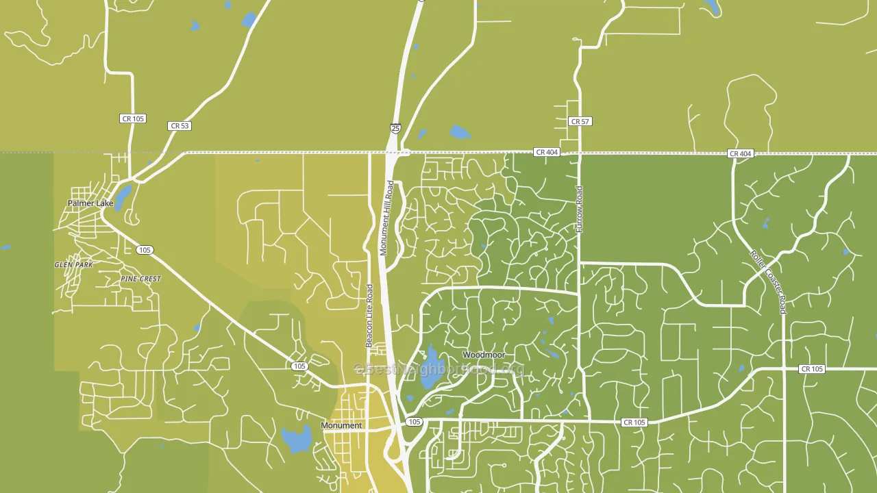 Map of the best neighborhoods in the Tri-Lakes, Woodmoor area, with better matches in green and worse matches in red