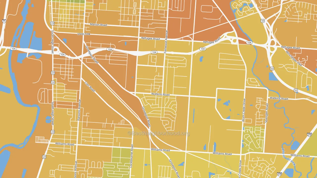 Map of the best neighborhoods in the Tri-South, Columbus area, with better matches in green and worse matches in red