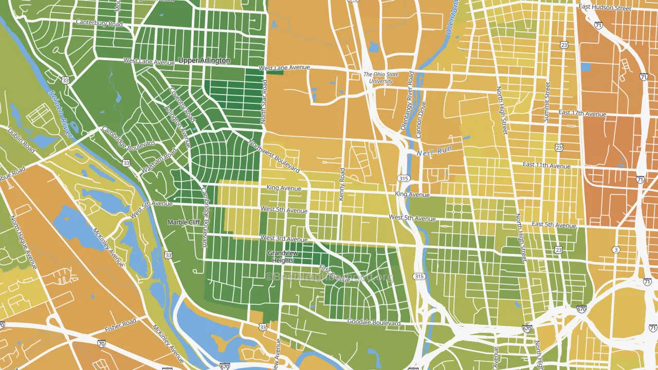 Map of the best neighborhoods in the Tri-Village, Columbus area, with better matches in green and worse matches in red