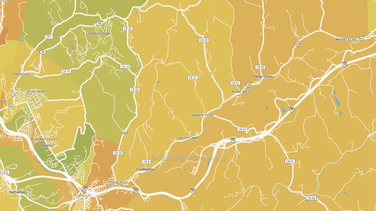 Map of the best neighborhoods in the Triadelphia area, with better matches in green and worse matches in red