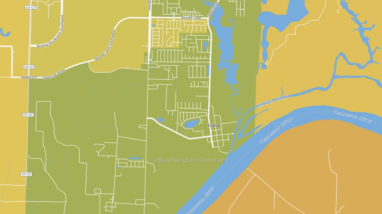Map of the best neighborhoods in the Triana area, with better matches in green and worse matches in red