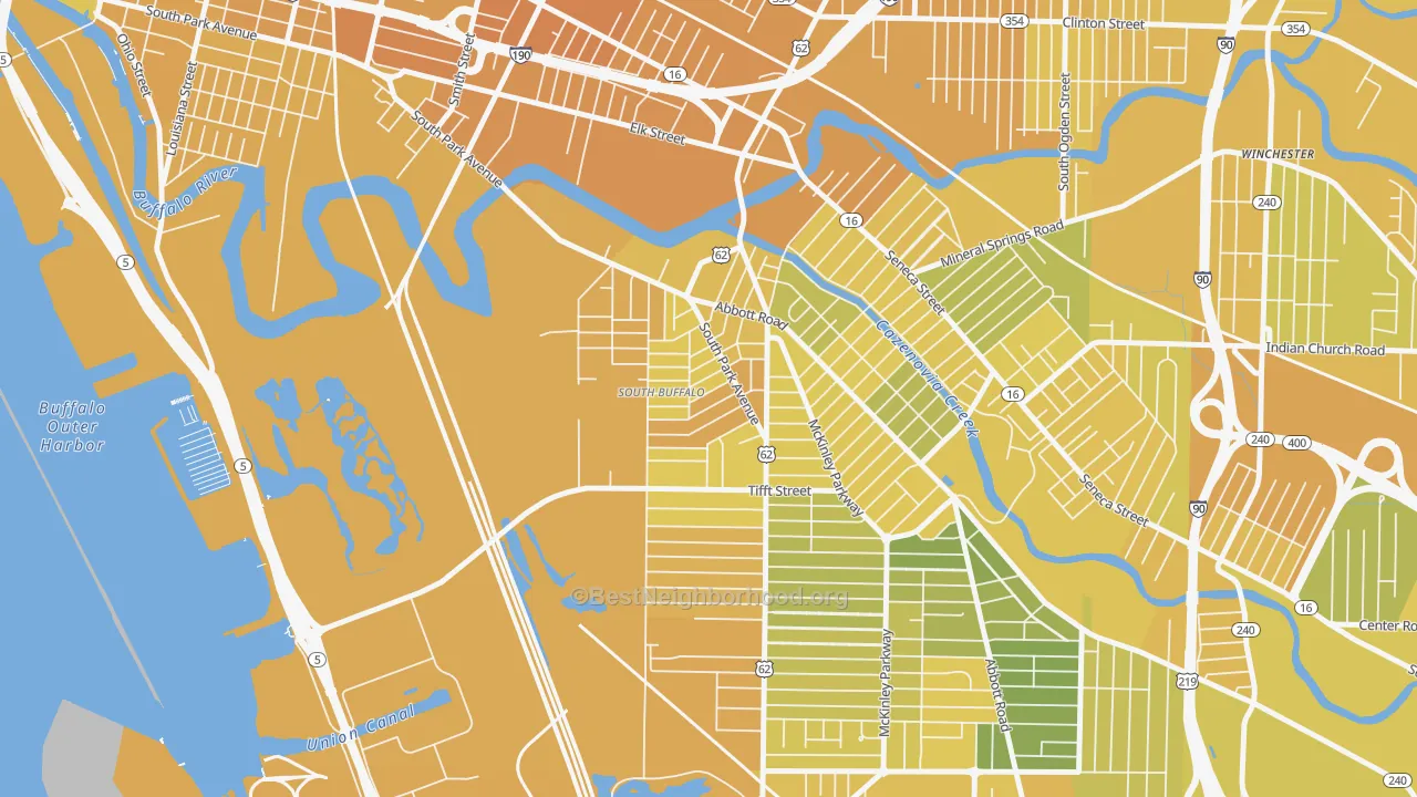 Map of the best neighborhoods in the Triangle, Buffalo area, with better matches in green and worse matches in red