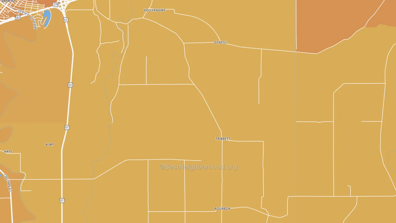 Map of the best neighborhoods in the Tribbett area, with better matches in green and worse matches in red