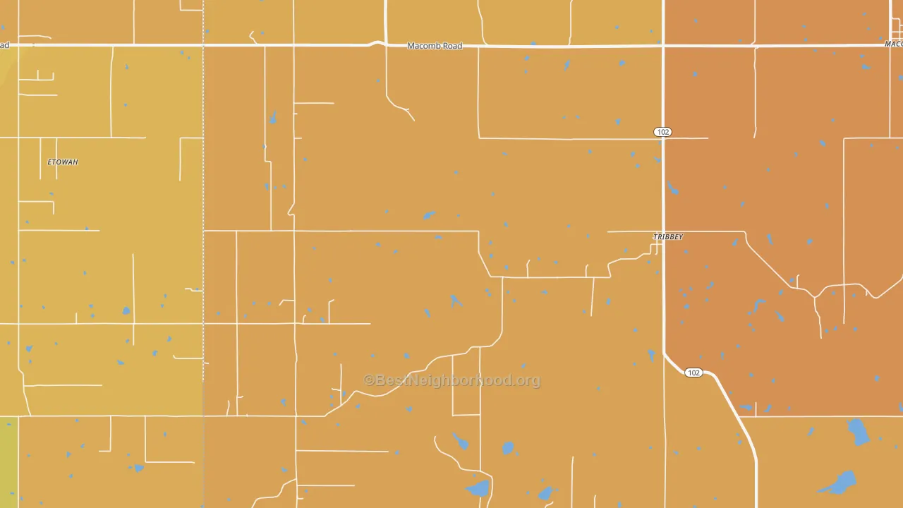 Map of the best neighborhoods in the Tribbey area, with better matches in green and worse matches in red