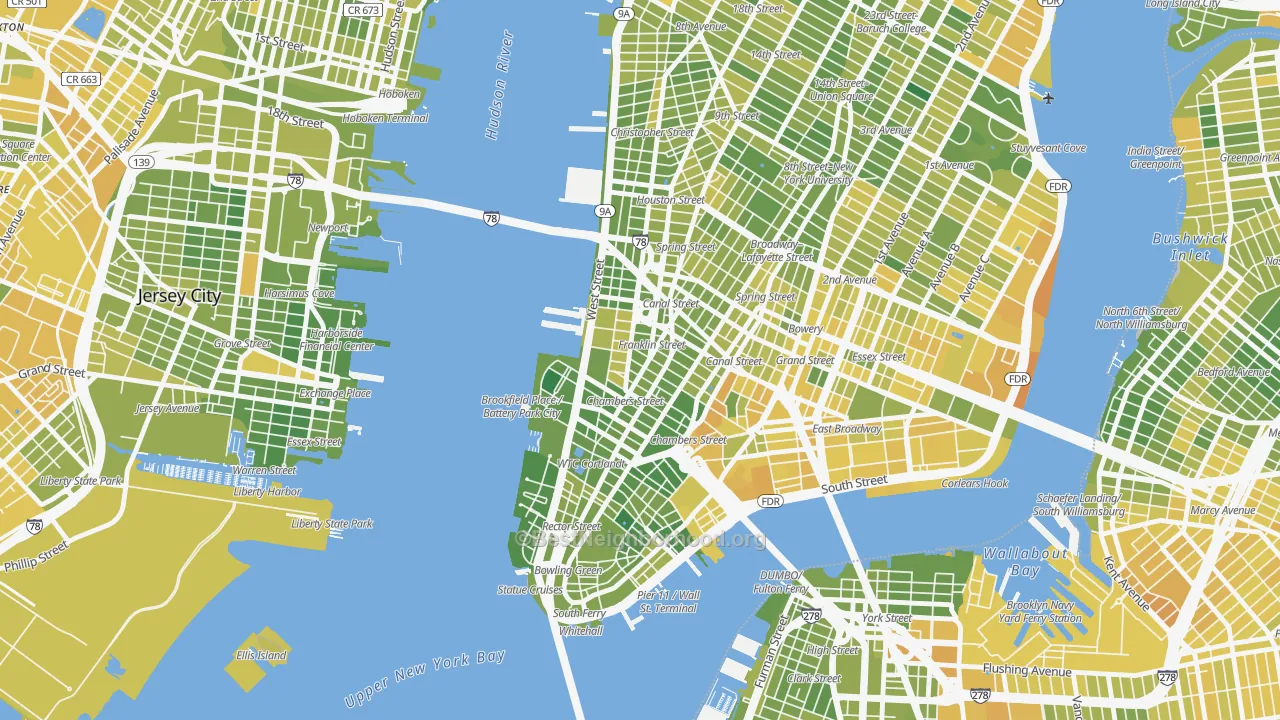 Map of the best neighborhoods in the Tribeca, Manhattan area, with better matches in green and worse matches in red