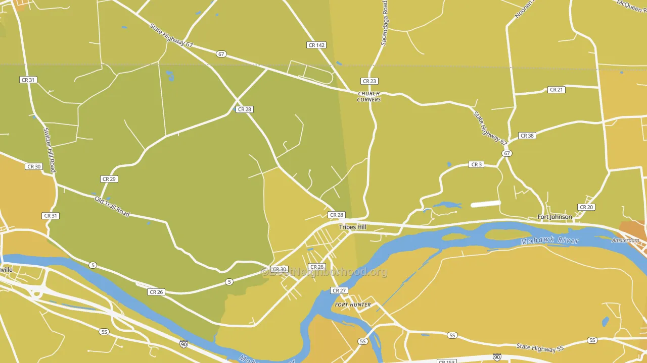 Map of the best neighborhoods in the Tribes Hill area, with better matches in green and worse matches in red