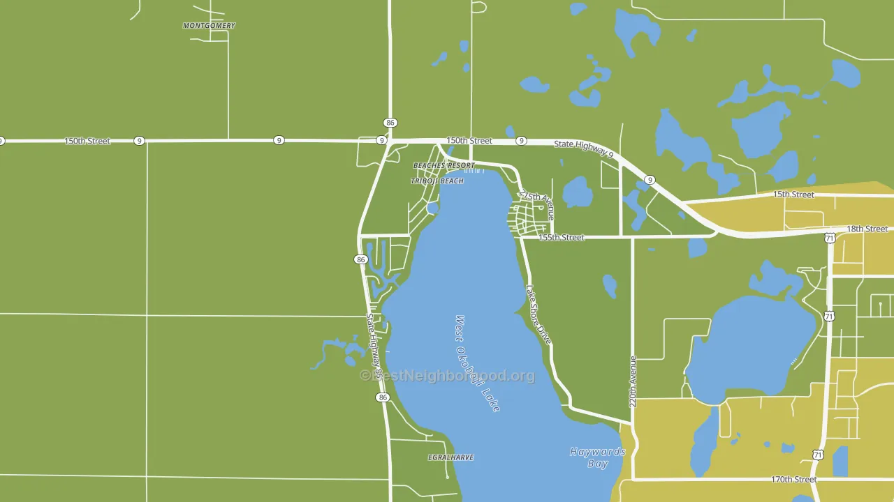 Map of the best neighborhoods in the Triboji Beach area, with better matches in green and worse matches in red