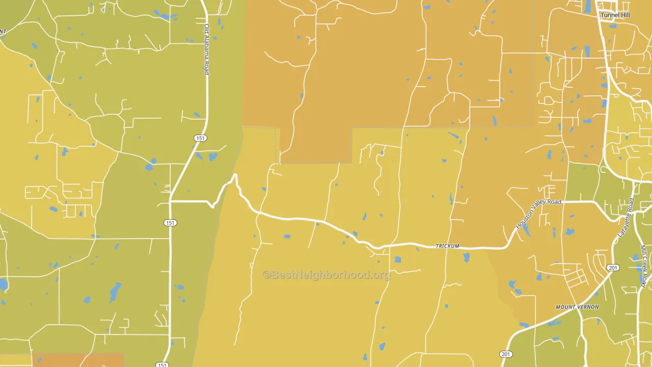 Map of the best neighborhoods in the Trickum area, with better matches in green and worse matches in red