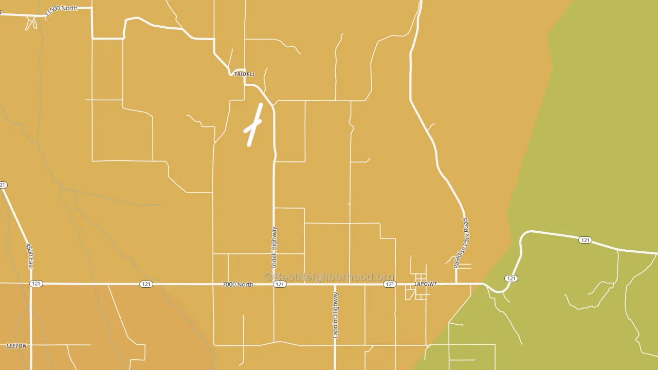 Map of the best neighborhoods in the Tridell area, with better matches in green and worse matches in red