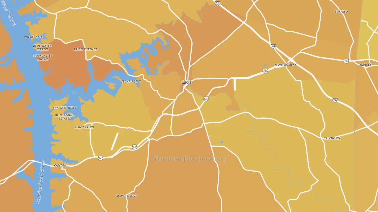Map of the best neighborhoods in the Trigg County area, with better matches in green and worse matches in red