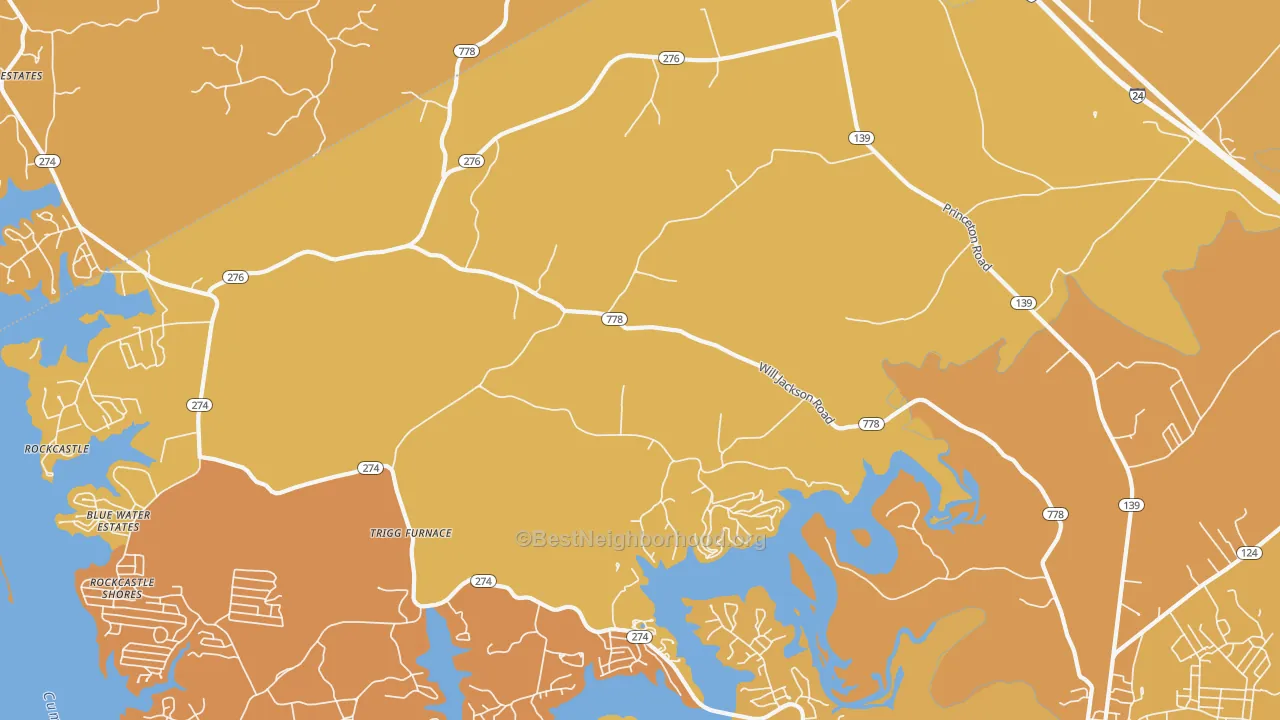 Map of the best neighborhoods in the Trigg Furnace area, with better matches in green and worse matches in red