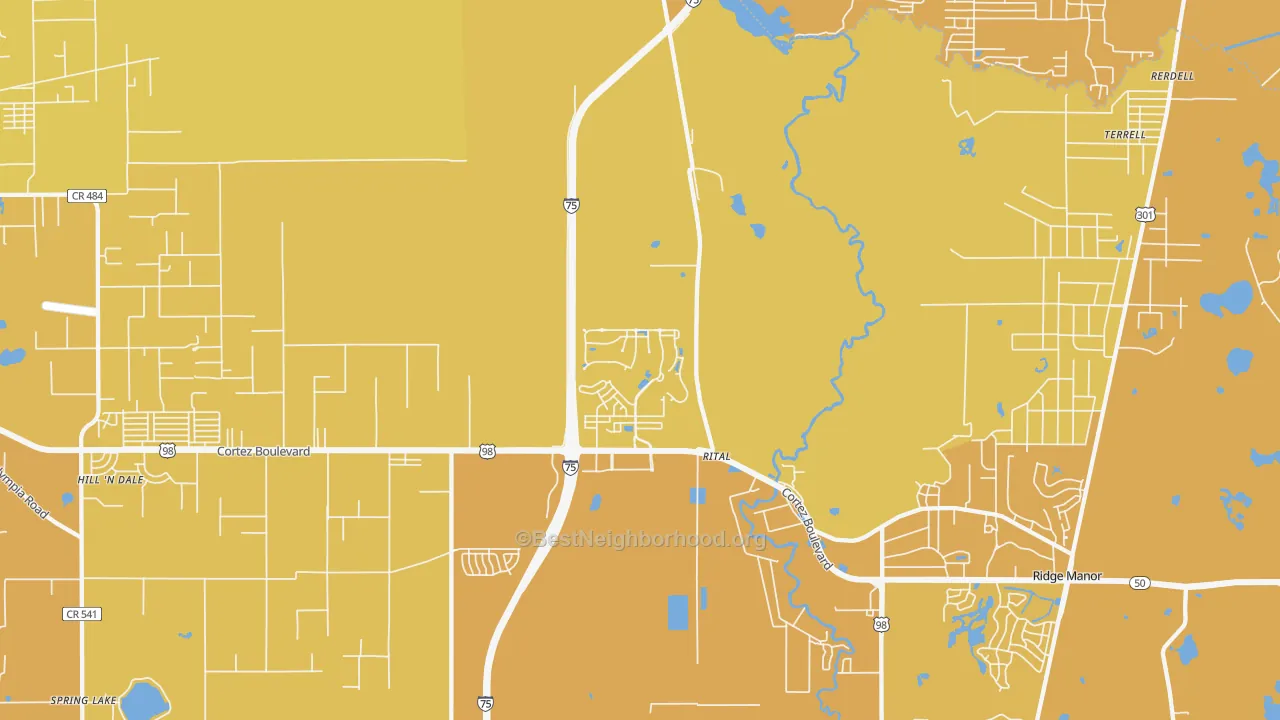 Map of the best neighborhoods in the Trilby area, with better matches in green and worse matches in red