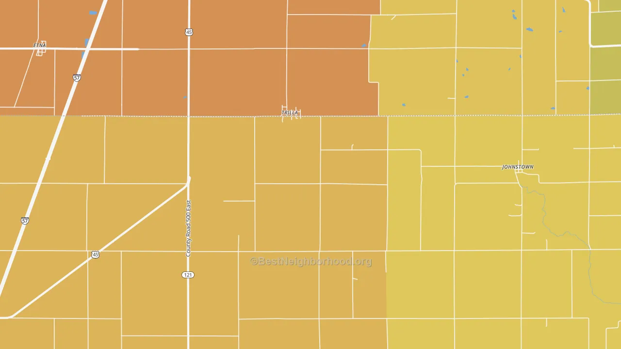 Map of the best neighborhoods in the Trilla area, with better matches in green and worse matches in red
