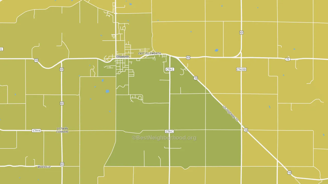 Map of the best neighborhoods in the Trimbelle area, with better matches in green and worse matches in red