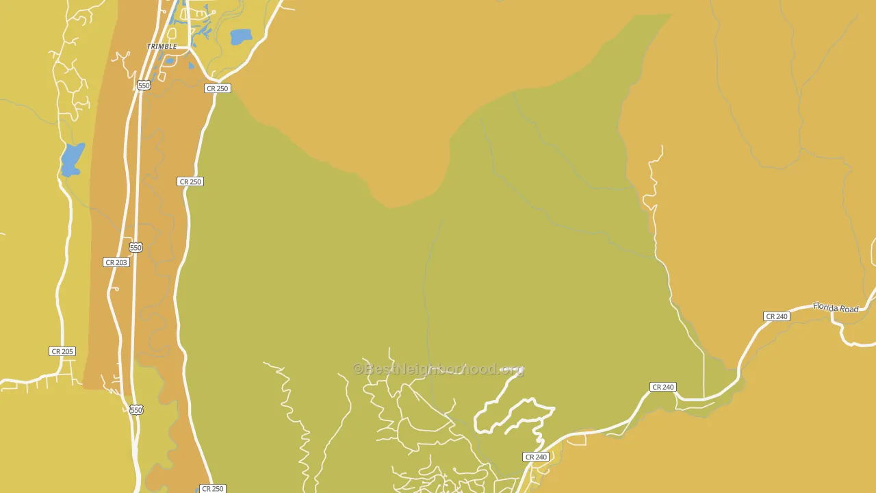 Map of the best neighborhoods in the Trimble area, with better matches in green and worse matches in red