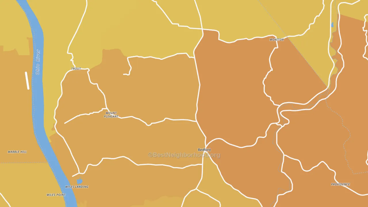 Map of the best neighborhoods in the Trimble County area, with better matches in green and worse matches in red