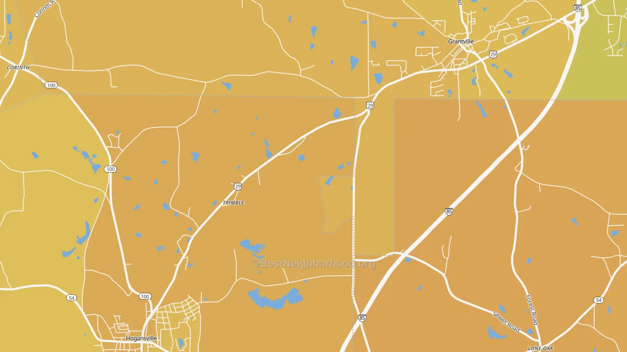 Map of the best neighborhoods in the Trimble area, with better matches in green and worse matches in red
