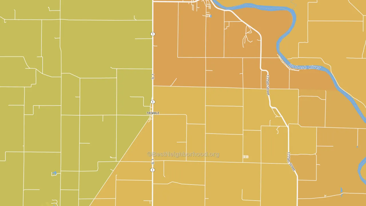 Map of the best neighborhoods in the Trimble area, with better matches in green and worse matches in red